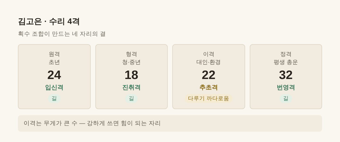 김고은 수리 4격 — 원격 24·형격 18·이격 22·정격 32