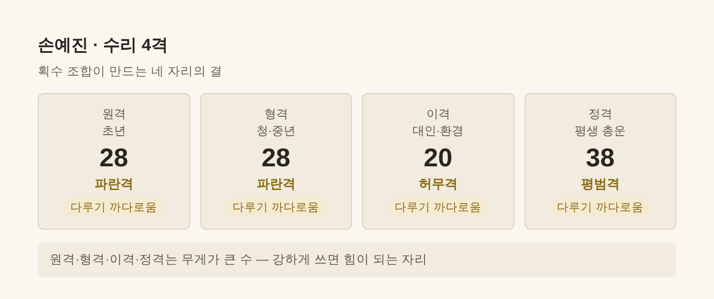 손예진 수리 4격 — 원격 28·형격 28·이격 20·정격 38